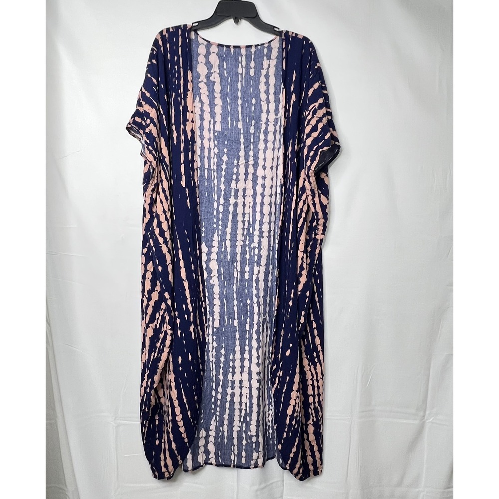 Navy Pink Tie Dye Kimono OS Open Front Duster Beach Coverup Boho Lounge Coastal